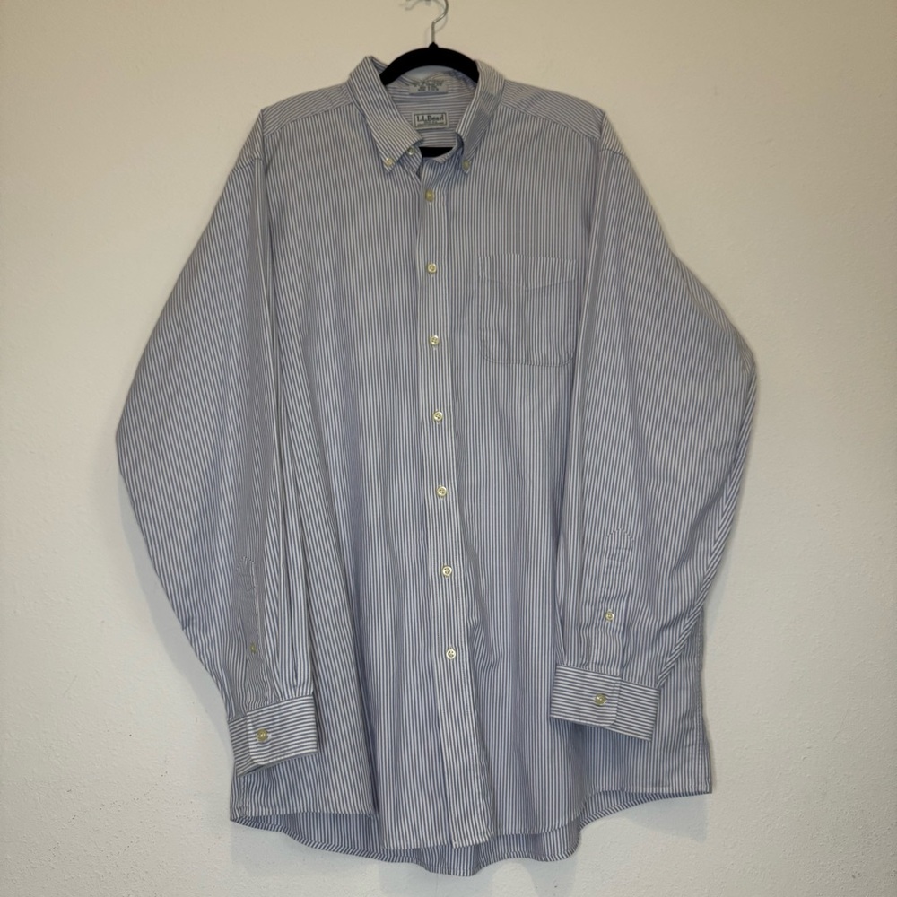 LL Bean Classic Blue white Striped Men's tailored dress Shirt 17 1/2-36 XL